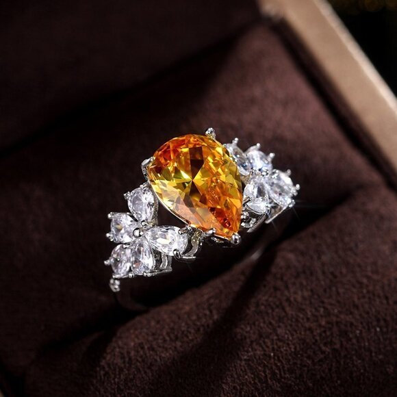 🎁Crystal Clear Sweet Light Yellow Pear Flower Silver Rings for Women,MARR9130 - Picture 3 of 4